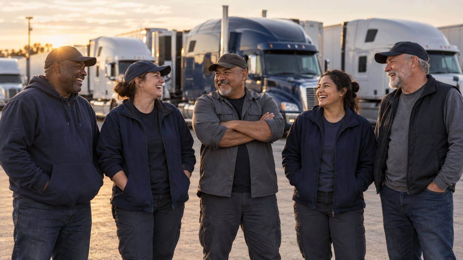 Five professional drivers laughing together in a truck yard at sunrise