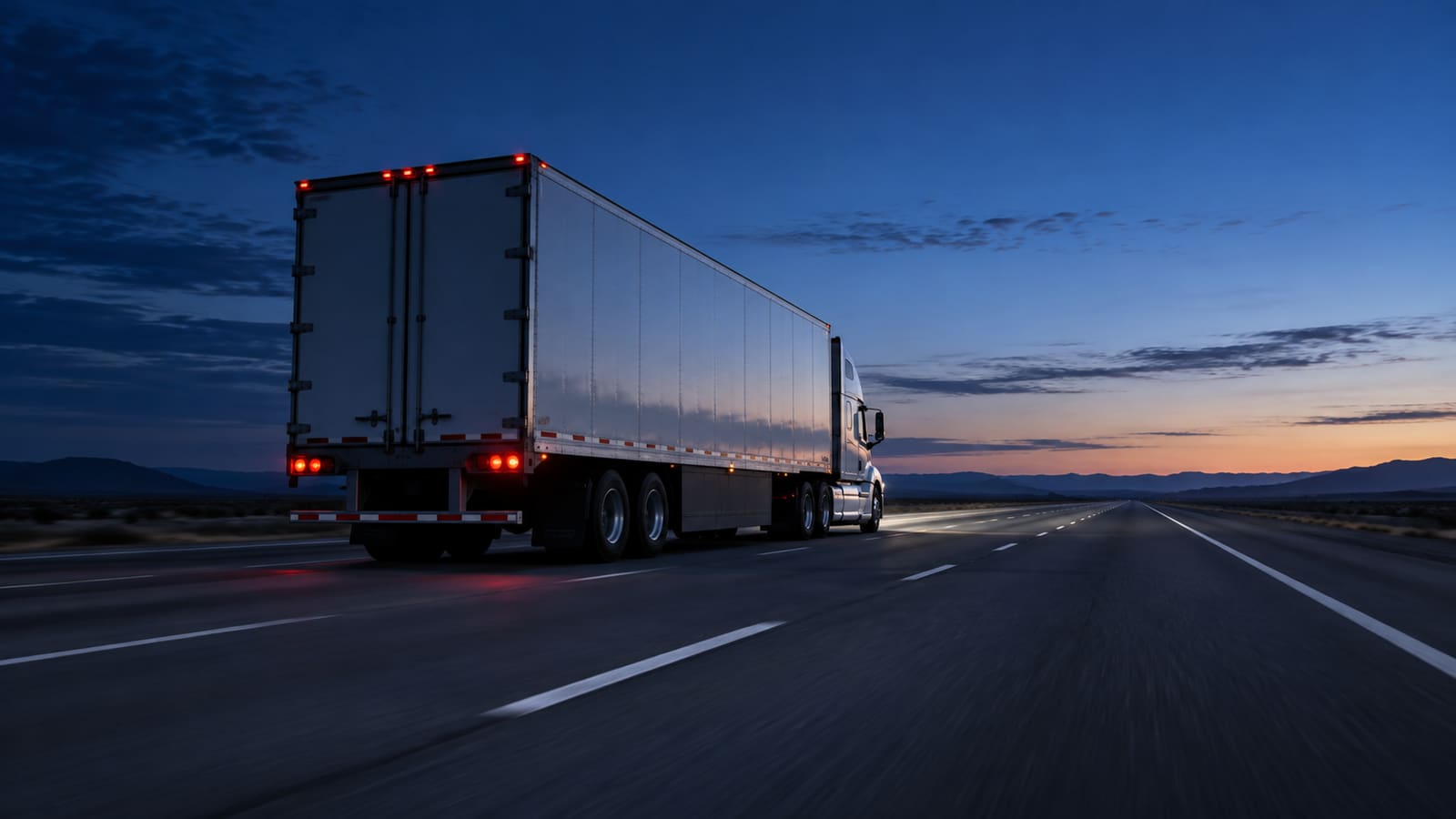 A white semi-truck on an open highway at dusk